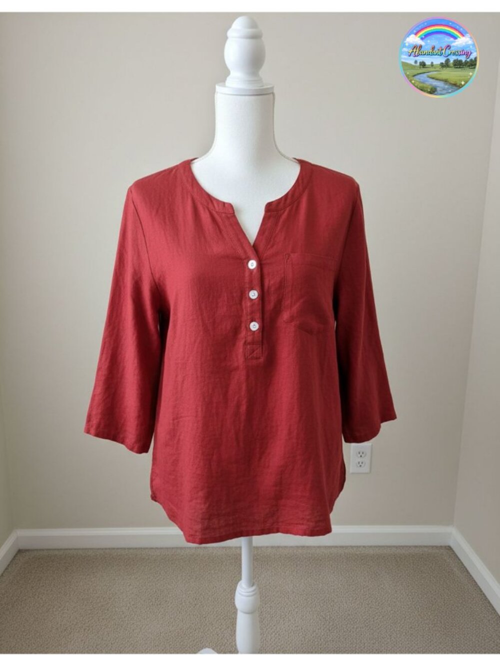 Cotton Linen 3/4 Sleeve V Neck Button Down Blouse Loose Fit Casual Top